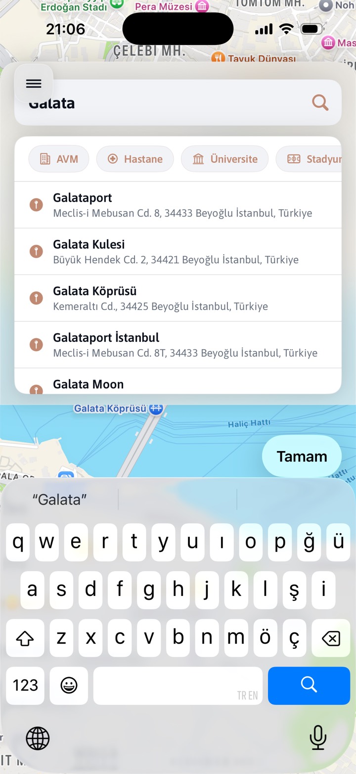 Arama ekranı: «Galata» yazılmış, Galataport ve Galata Kulesi önerileri listeleniyor