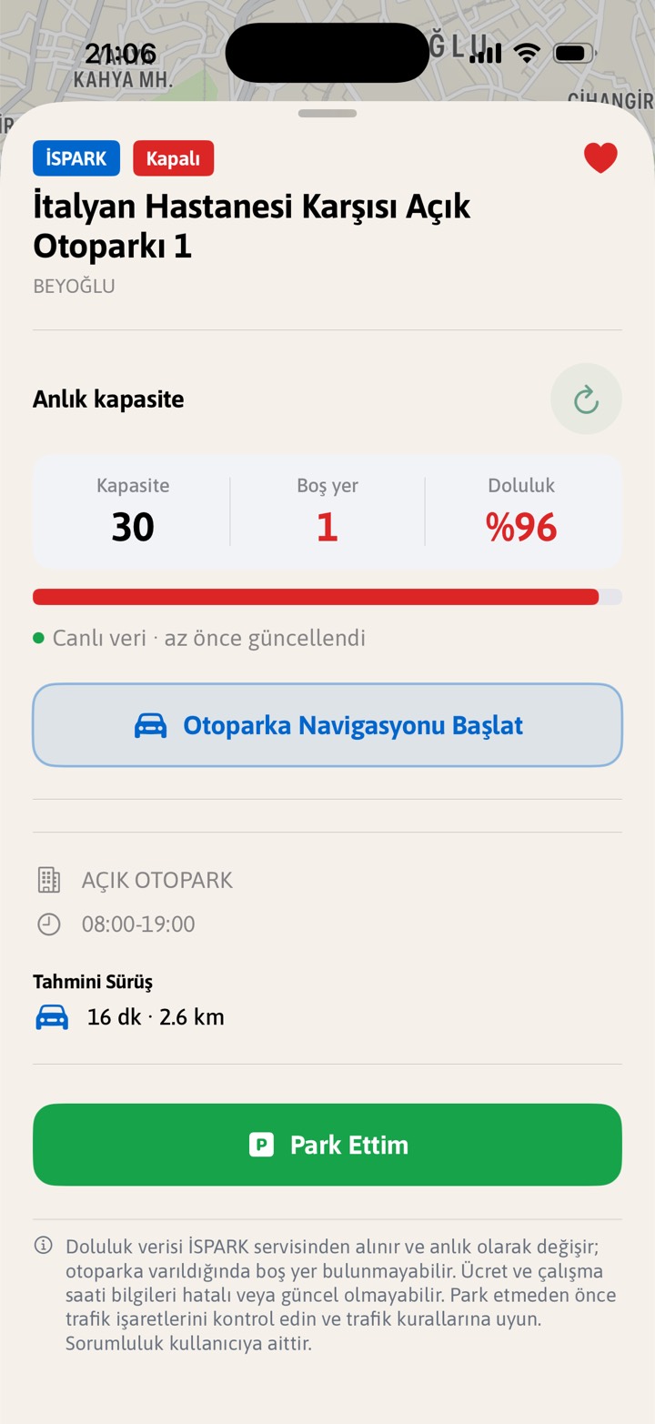 Otopark detayı: canlı kapasite, «Otoparka Navigasyonu Başlat» düğmesi, çalışma saati ve tahmini sürüş süresi