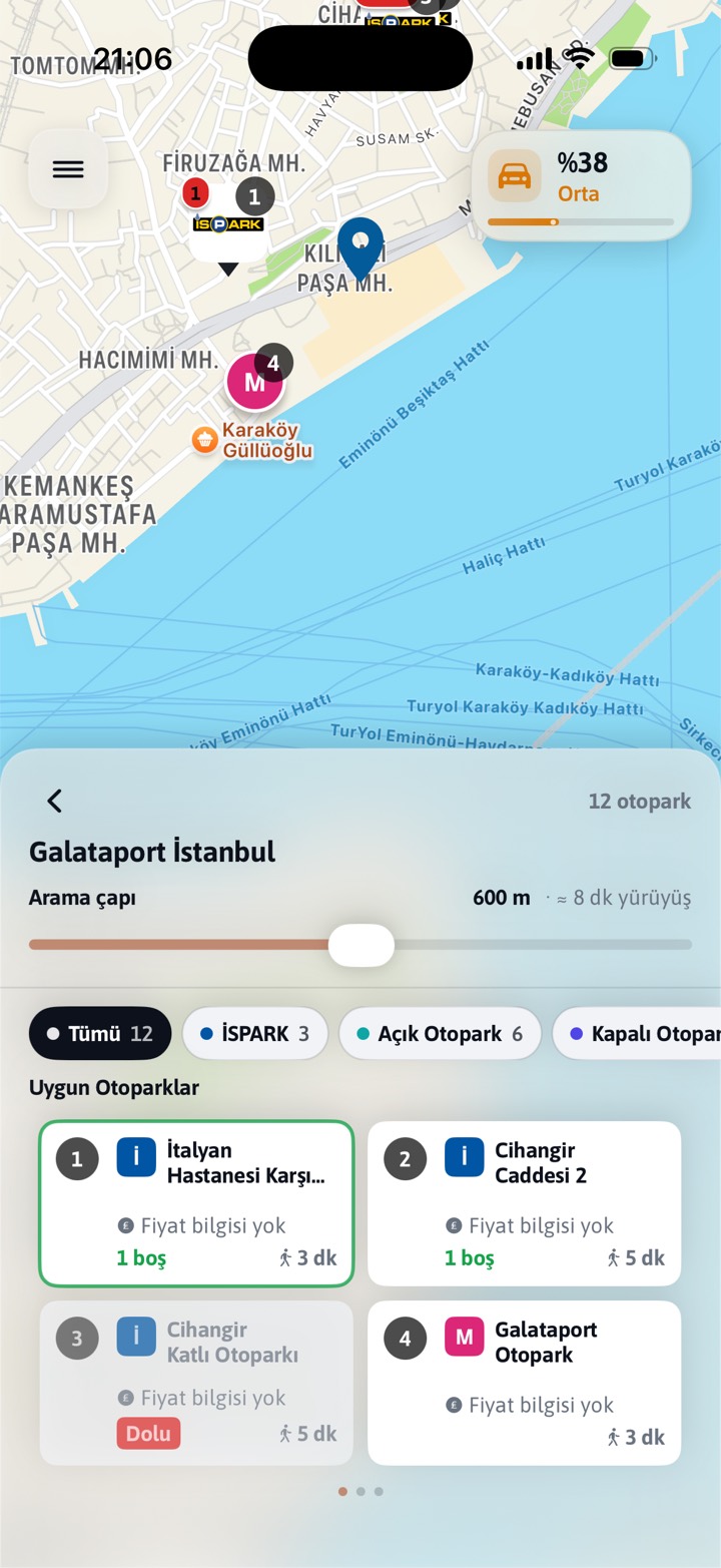 Sonuç ekranı: Galataport İstanbul çevresinde 12 otopark, tür filtreleri ve boş yer sayıları